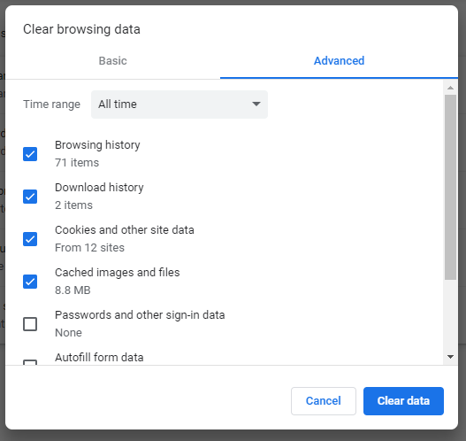Screenshot showing the clear browsing data window that has several boxes to choose what data to delete