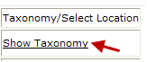 Graphic showing an arrow selecting "show taxonomy", in the Taxonomy Select Location pop up, from the MN–ITS authorization screen.