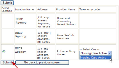 Graphic showing an arrow first selecting "nursing care active" as the taxonomy code and then selecting "submit".