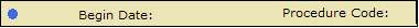 Graphic showing a picture of how information will display after the service line information is entered and saved. The graphic shows a colored dot followed by both, the words: "Begin Date:" and "Procedure Code:"