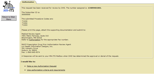 Graphic showing the authorization response you receive after you submit the request.