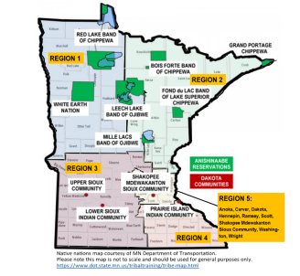 Map of five Minnesota regions. See content below for listing of counties and Native nations in each region.