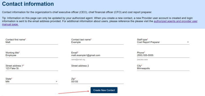 Contact information page completed by Lyla, the example provider. It shows that she filled out information for Matt to become a provider user. She included his name, staff type, working title, email, phone and address. There is also an arrow that shows where to click on the "create new contact" button.