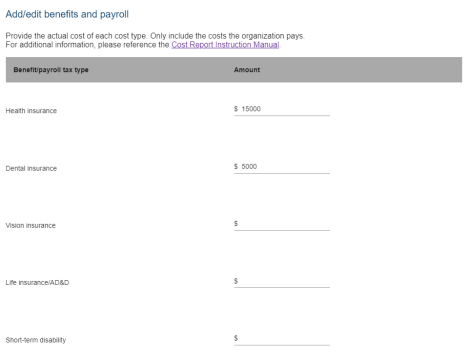 Top of the pop-up window from clicking on the benefits button, with the example benefits filled out. This pop-up includes health insurance, dental insurance, vision insurance, life insurance/AD&D and short-term disability