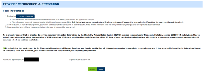 Submission page on the cost reporting system with the checkbox marked to certify the report is complete