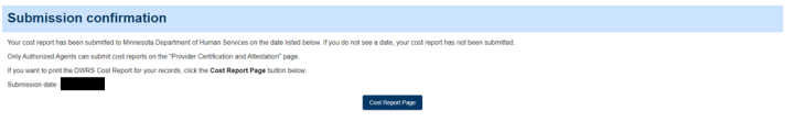 Submission confirmation showing the report has been submitted, with a submission date