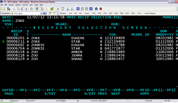 MMIS Selection Screen called RSEL listing recipient's PMI number, name, social security number, date of birth, and gender. An X is placed at the beginning of a line.