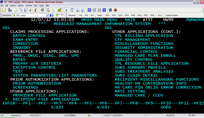 MMIS Main Menu screen showing an "x" at the Recipient File Application line.