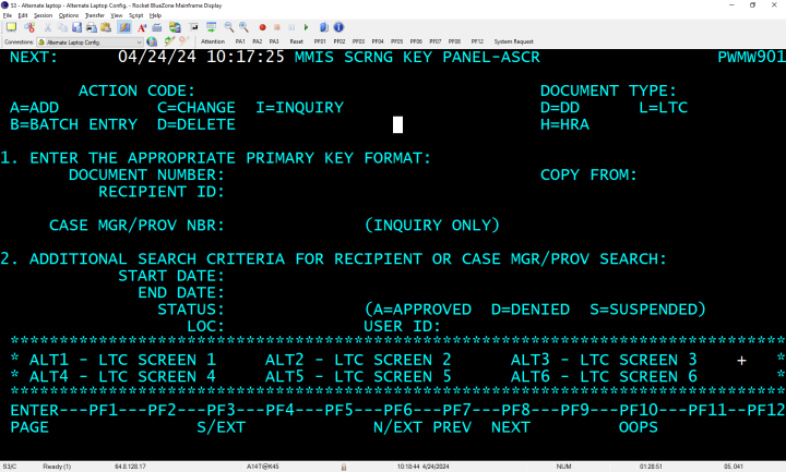 MMIS screening key panel screen - ASCR