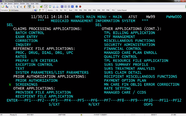 MMIS Main Menu screen showing an X placed on the screenings line