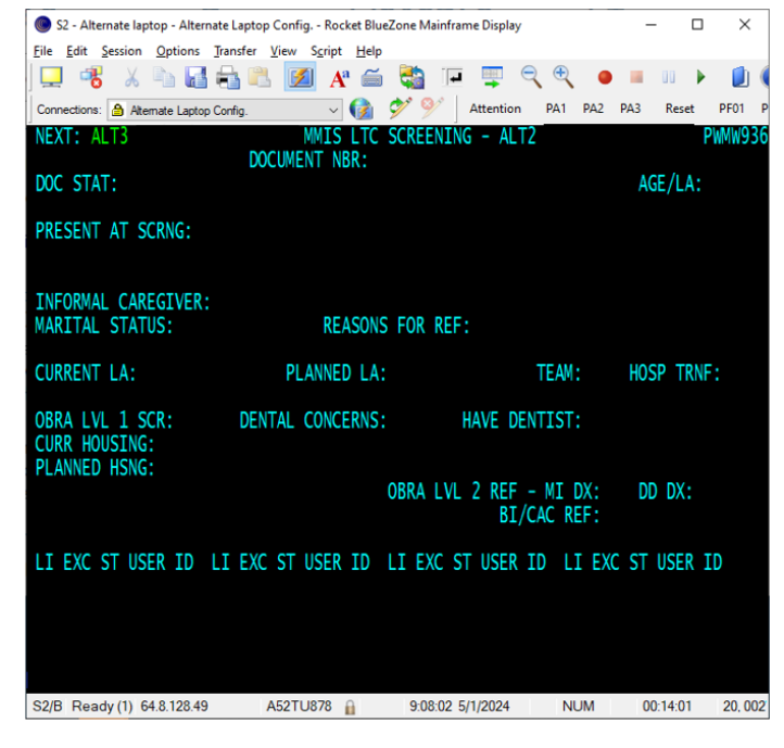 Screenshot of a blank ALT2 screen in MMIS with all the fields described in the previous sections