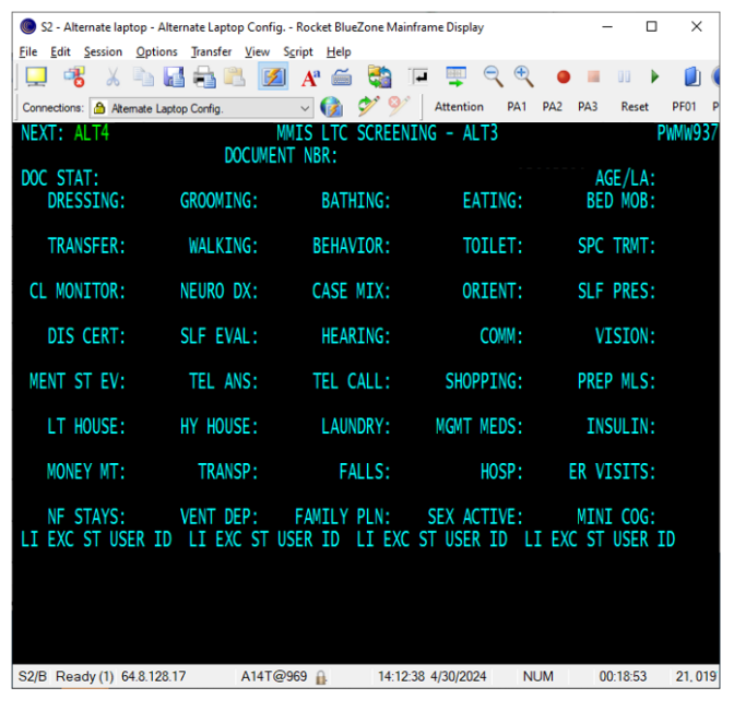 Screenshot of a blank ALT3 screen in MMIS with various fields specific to the person's functional needs