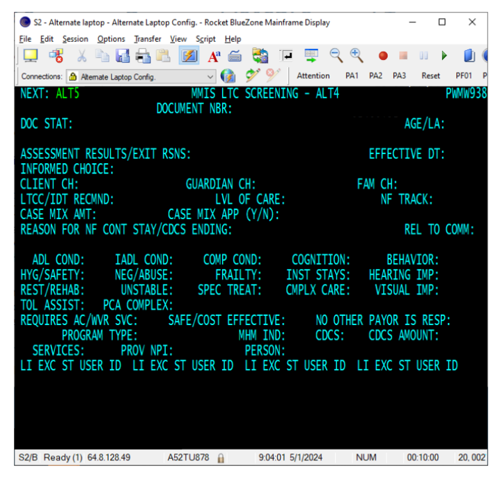 Screenshot of a blank ALT4 screen in MMIS with the fields explained in the previous sections