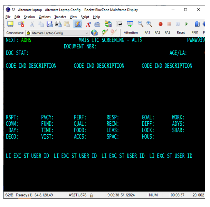 Screenshot of a blank ALT5 screen in MMIS with the fields explained in the previous section