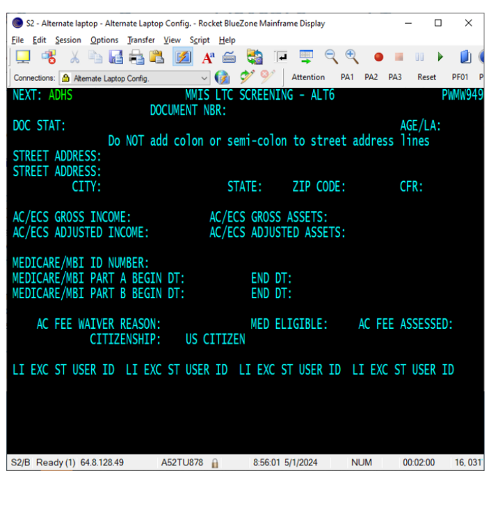 Screenshot of a blank ALT6 screen in MMIS with the fields explained in the previous section