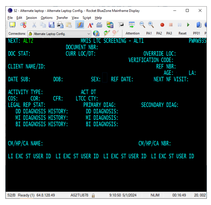 Screenshot of a blank ALT1 screen in MMIS with all the fields described in the previous sections
