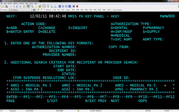 A picture of the MMIS Key panel screen called AKEY.