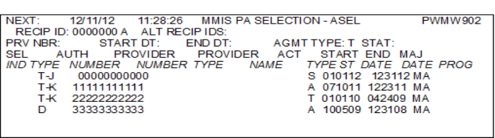 A picture of the MMIS PA Selection screen called ASEL.