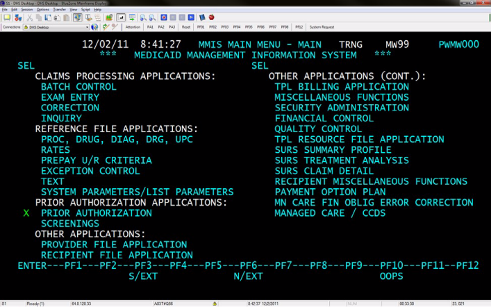 A picture of the MMIS Main Menu screen with an "x" placed in front of the prior authorization line.