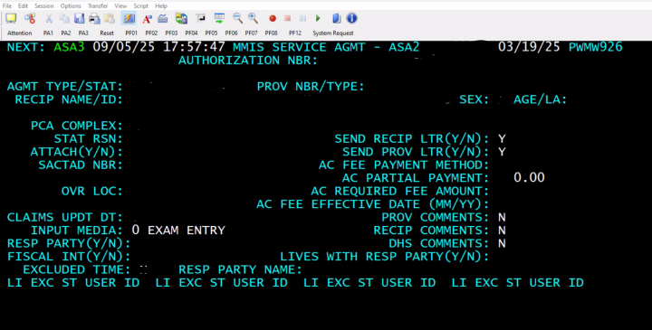 A picture of the MMIS service agreement screen called ASA2.