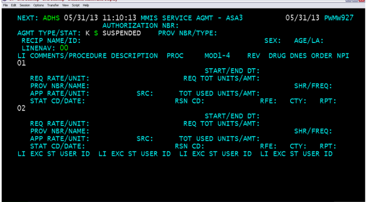 A picture of the MMIS service agreement screen called ASA3.