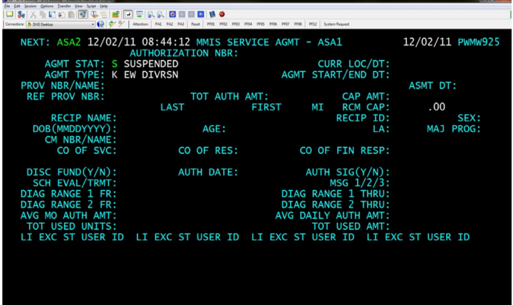 A picture of the MMIS service agreement screen called ASA1.