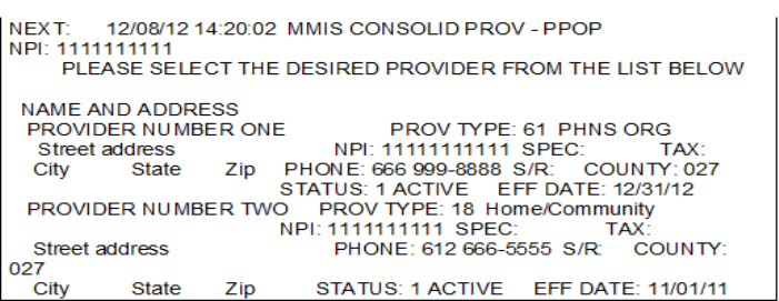 A picture of the MMIS Consolidated Provider screen called PPOP with an example shown