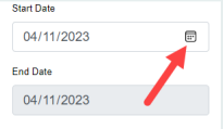Start date and end date section with a red arrow pointing at the calendar picker icon.