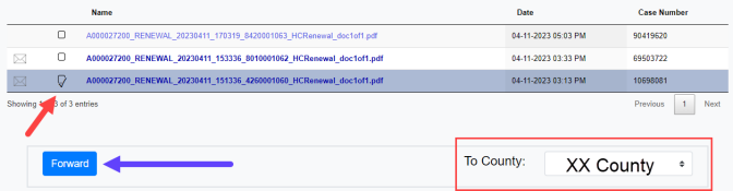 County Mailbox with file name highlighted with red arrow pointing at image of checked box next to the file name showing it is selected. A red box is around the To County area and a blue arrow pointing at a blue box with the word Forward in it.