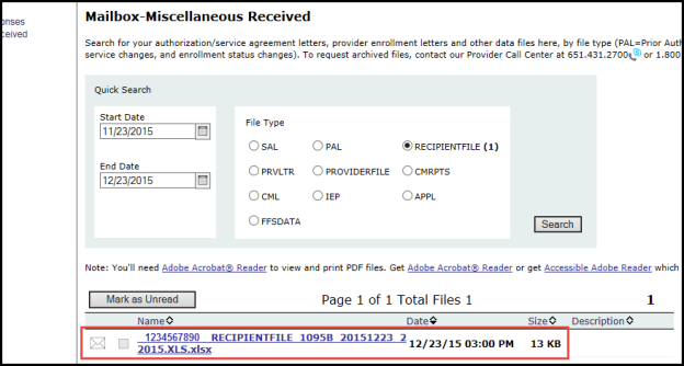 Picture of the miscellaneous received mailbox with a box highlighting the 1095-B file selection.