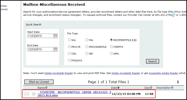 Picture of the miscellaneous received mailbox with a box highlighting the 1095-B file selection.