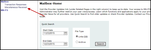 Picture of the MN–ITS Mailbox home page with an arrow pointing to the miscellaneous received option.
