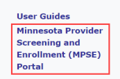 Left-side navigation in MN-ITS with a box around the Minnesota Provider Screening and Enrollment (MPSE) Portal link.