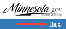 Screen shot of the MPSE Help link located in the top right corner of the MPSE portal. There is a red arrow next to a link with the word Help.