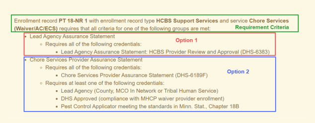 Yellow box with text highlighted in to three boxes. The first box is labeled “Requirement Criteria” and it lists the provider type and services provided. The second box lists Option 1 of credentials the provider can submit. The third box shows Option 2 of credentials the provider can submit.