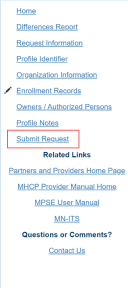 Screenshot of a right-side navigation bar that appears in the MPSE portal. The option for Submit Request is selected with a red rectangle around it.