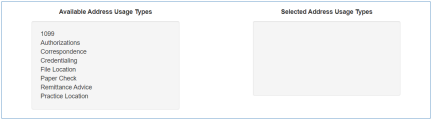 Screenshot showing two columns that appear in the MPSE portal. The first column is titled "Available Address Usage Types" with a list of usage types. The second column is titled "Selected Address Usage Types" and the column is empty.