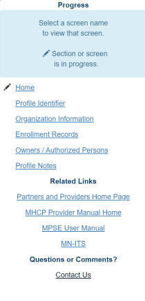 Example of the right-side navigation menu bar that appears in the MPSE portal. A list of MPSE portal sections appear as links that the user can click on to go directly to that page.