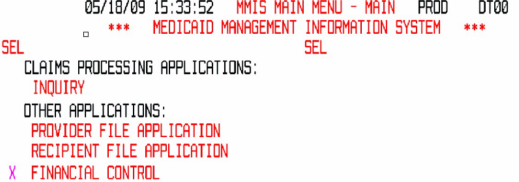 MMIS main menu with "Financial Control" option selected