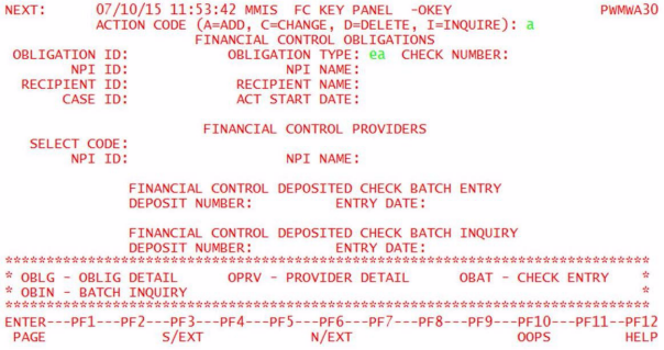 OKEY screen with action code A entered and obligation type selected