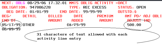 Example OACT screen