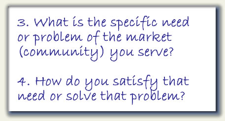 3.	What is the specific need or problem of the market (community) you serve? 4. How do you satisfy that need or solve that problem?