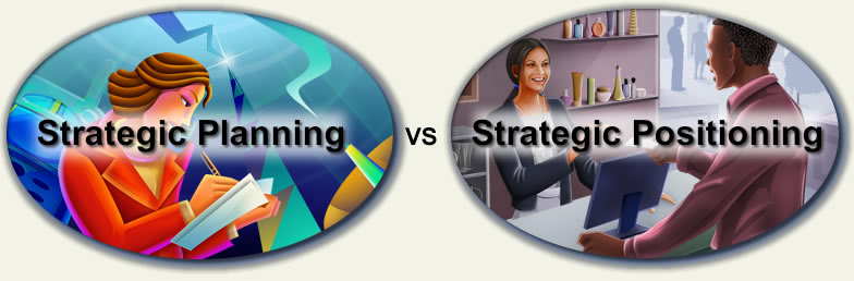 Graphic of a business man thinking with the label stategic planning over it VS a photo of a sales clerk and a customer labeled stategic positioning